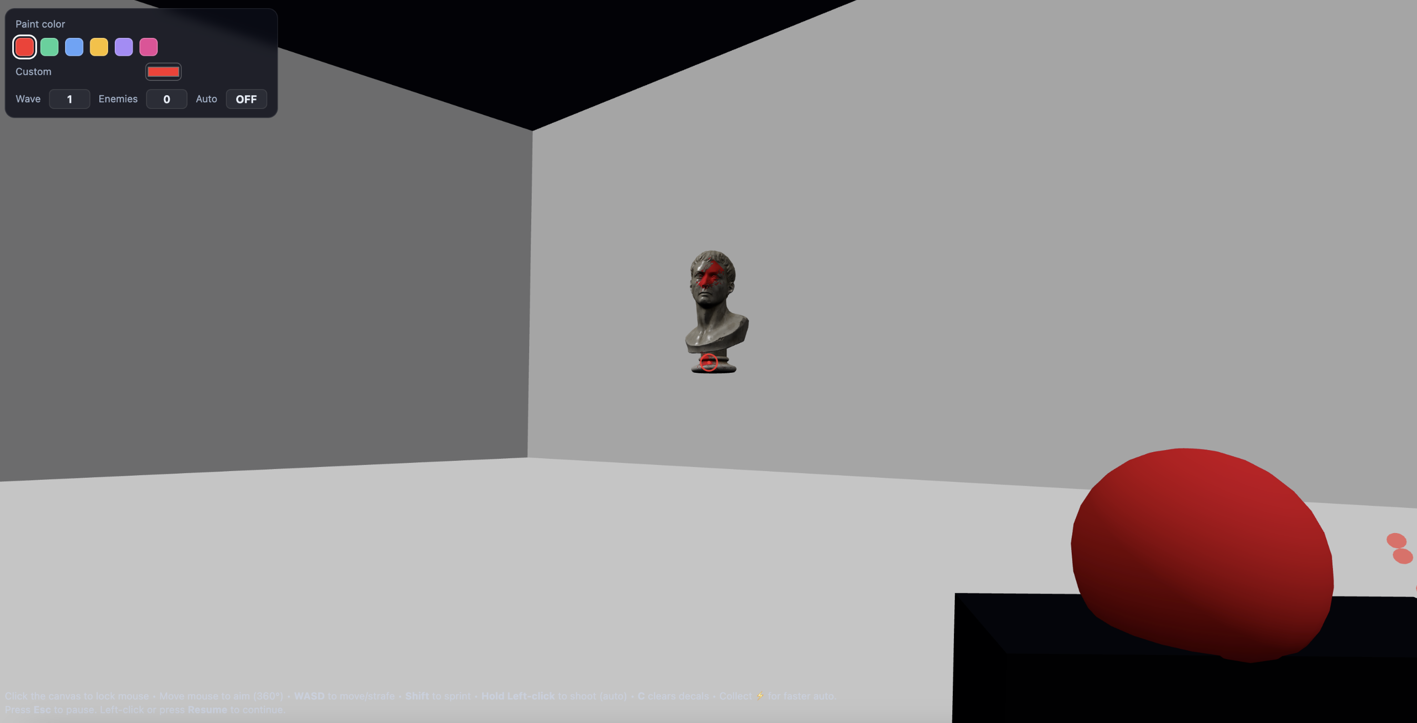 First-person view shooting marble busts in a paintball arena