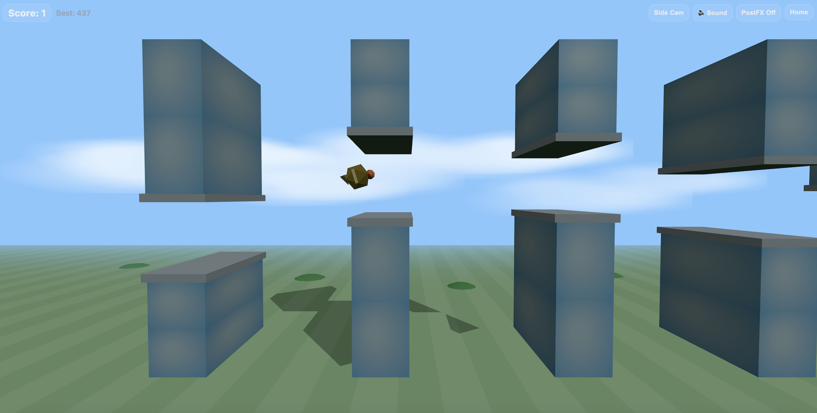 3D Flappy gameplay: a yellow bird flying between green pipe gaps